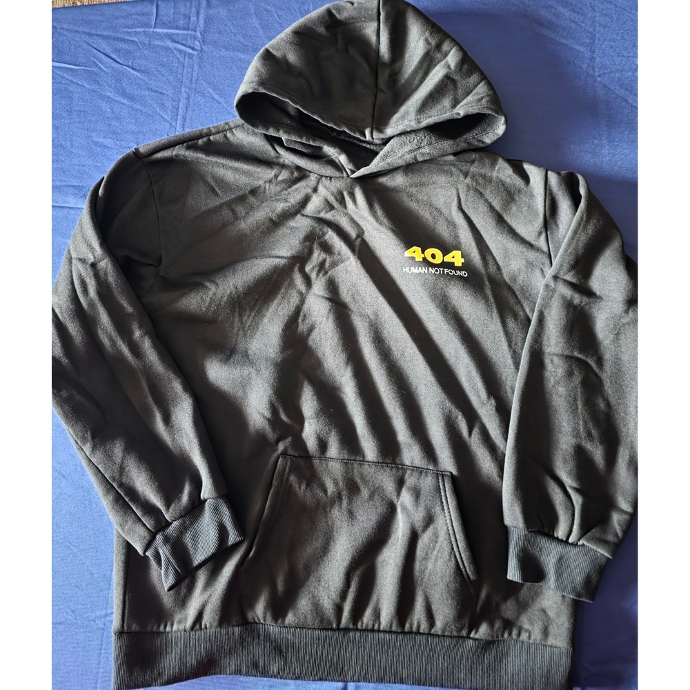 Black Error 404‎ Human Not Found Graphic Hoodie Mens Tech Humor Pullover XXL